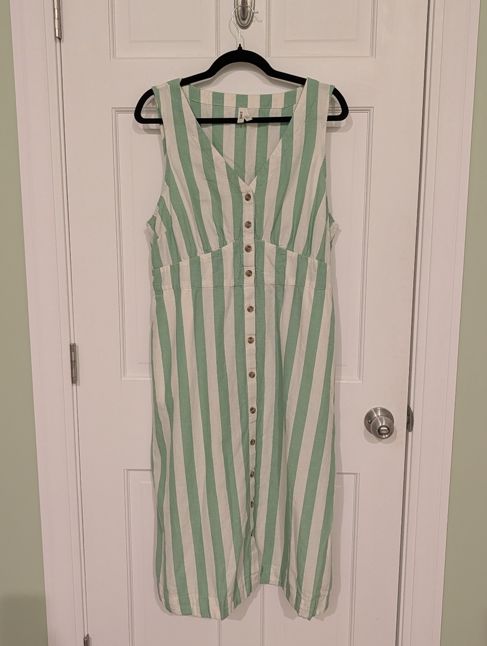 Pact Organic Cotton Linen Summer Button Front Dress With Pockets Green Stripe XL